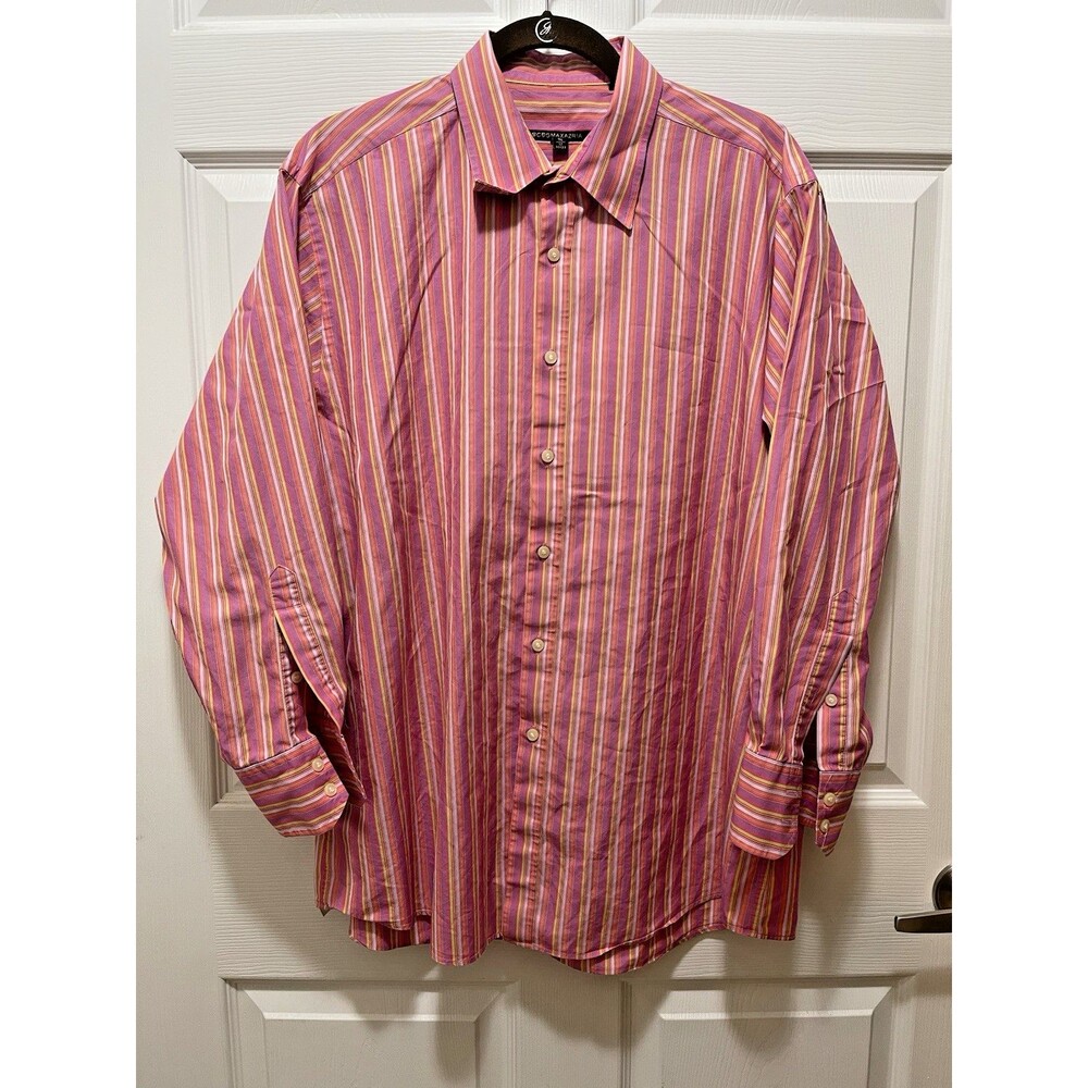 Mens Long Sleeve Dress Shirt Pink Orange Striped Size XL 17 BCBG Maxazria